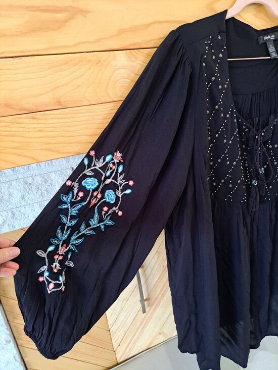 Style & Co Tops - NEW 3XL Black Embroidered Peasant Top Beaded Tassel Tie Neckline Womens Plus